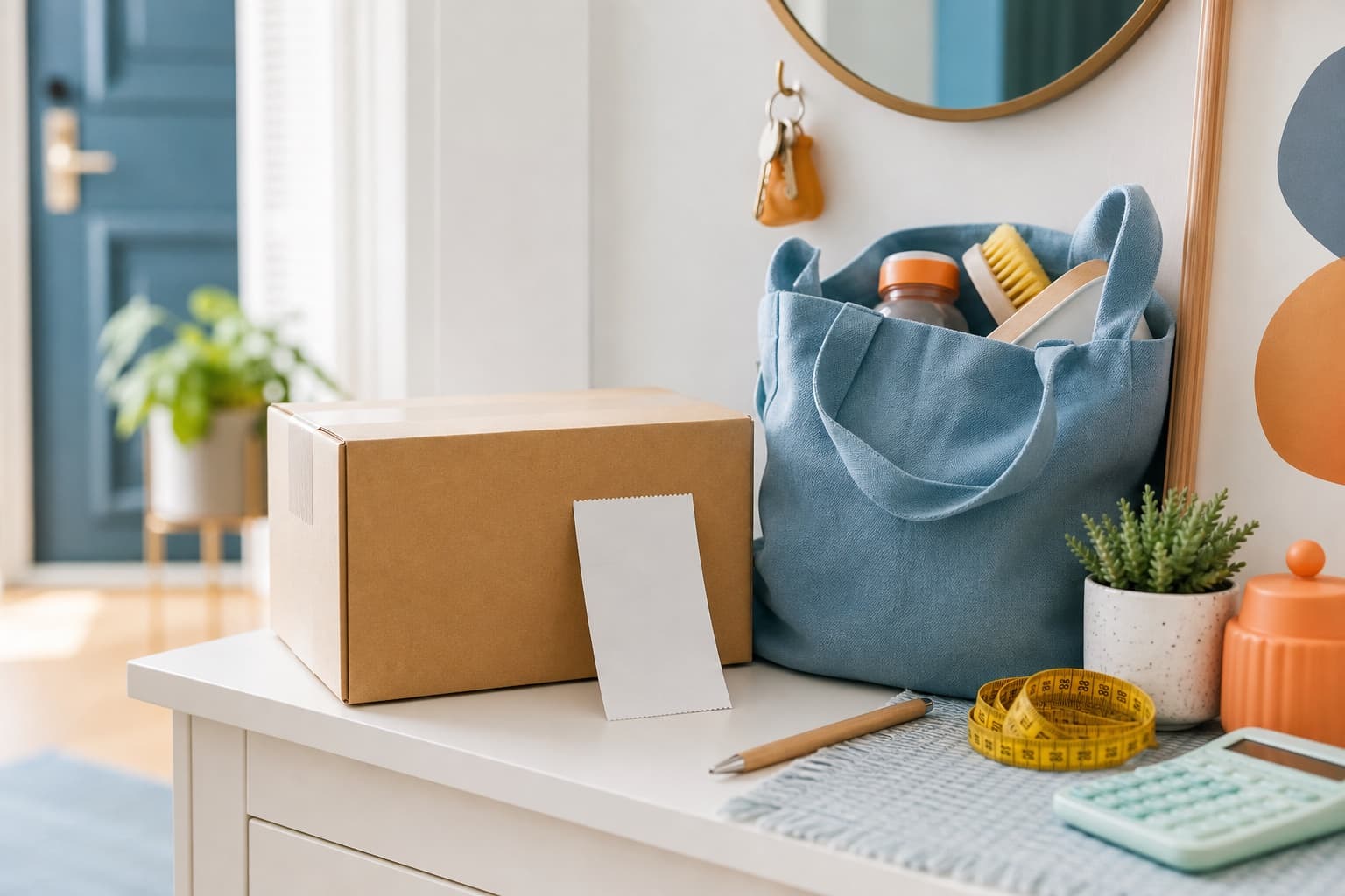 Paquete y bolsa de compras junto a una calculadora en un recibidor luminoso
