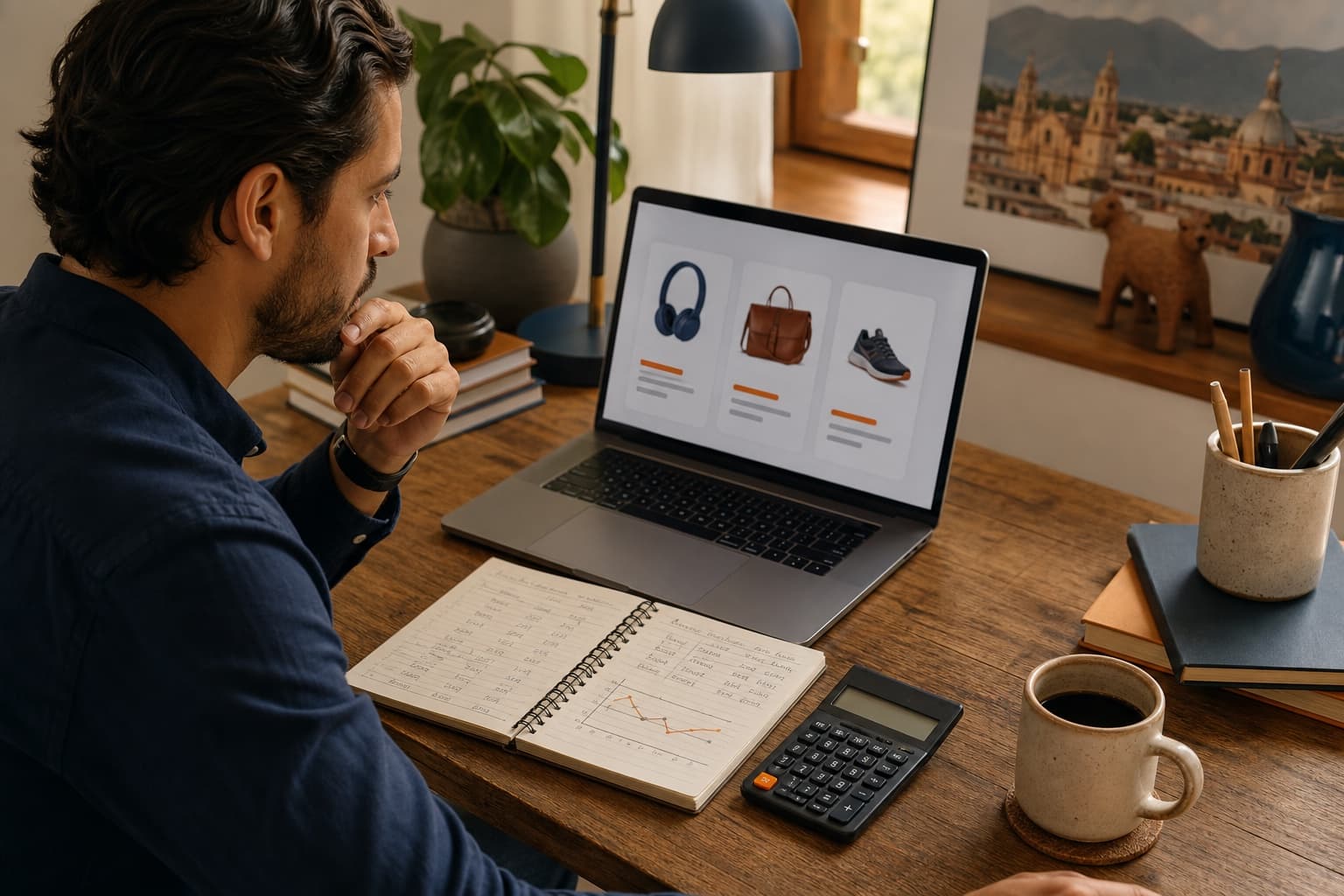 Persona comparando precios en una computadora con una libreta y una calculadora