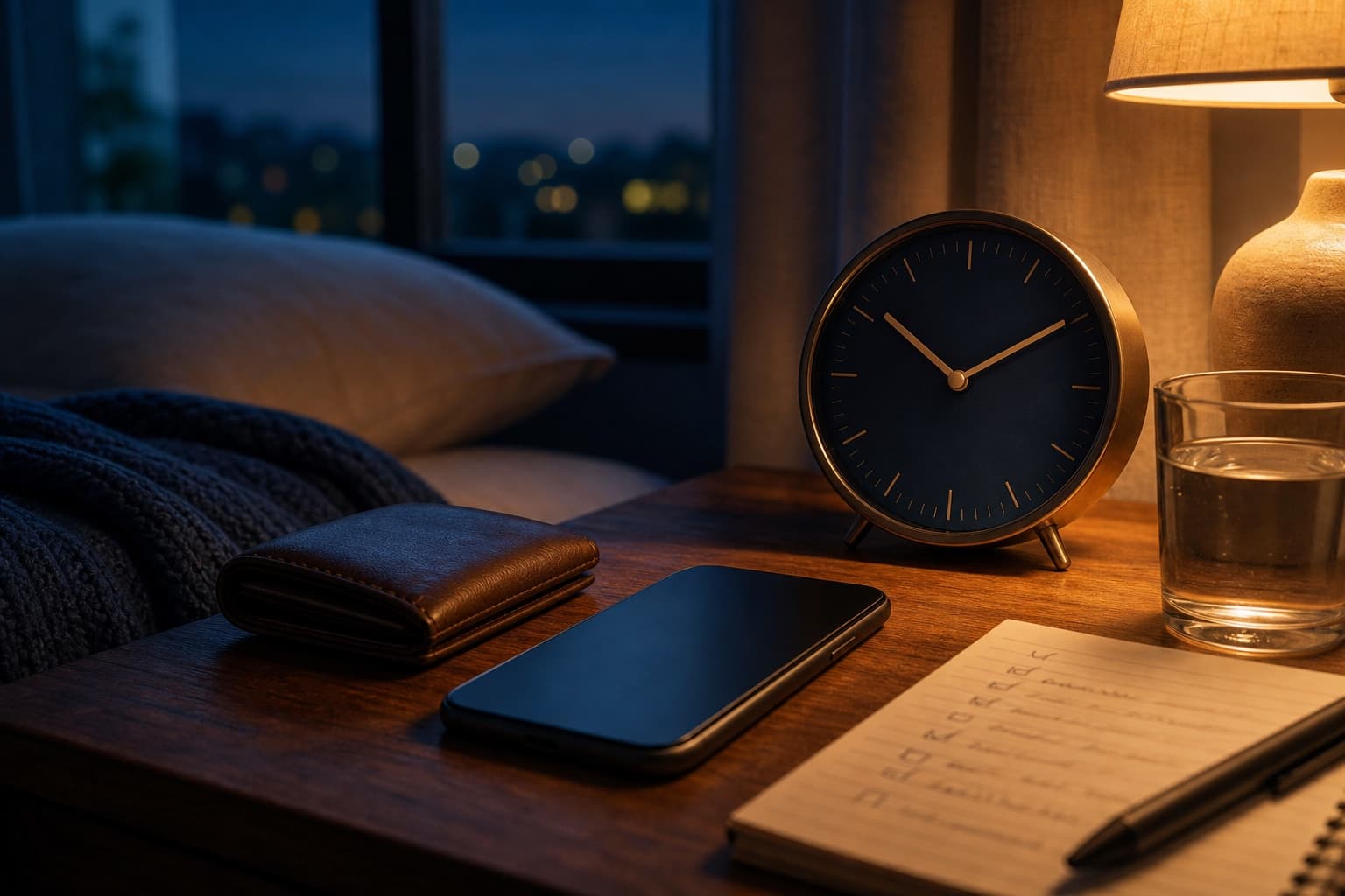 Teléfono, cartera y reloj sobre una mesa de noche durante una pausa antes de comprar