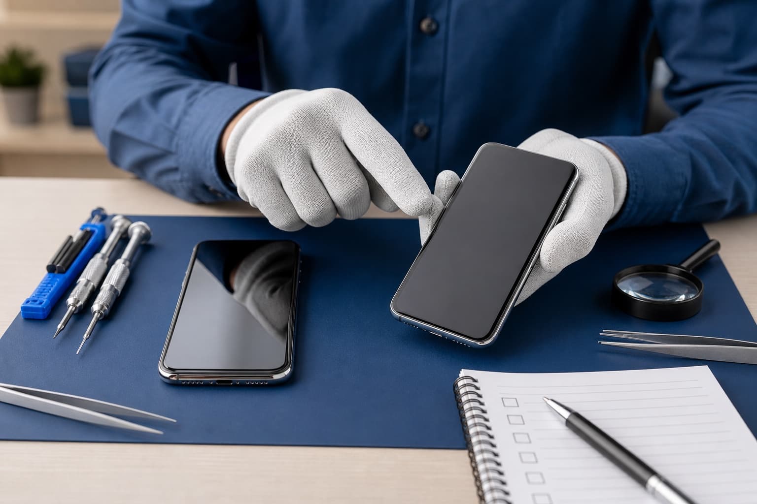 Técnico inspeccionando dos teléfonos sobre una mesa de trabajo limpia