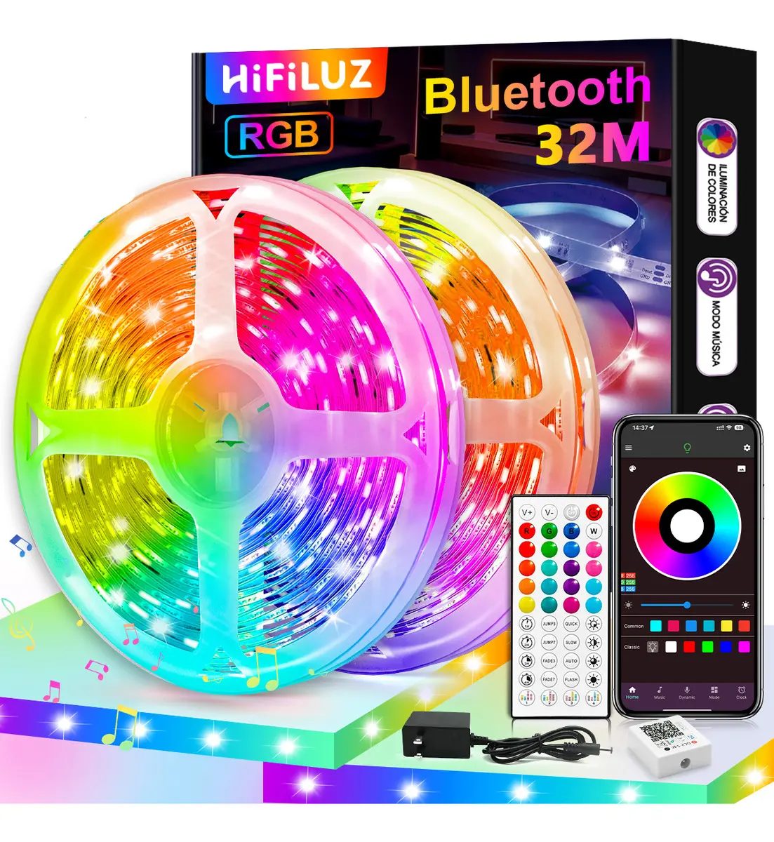 Hifiluz Tiras De Led RGB 32m Bluetooth,Luces Led Inteligentes Multicolor,Control Por App,Sincronización Con Música,Para Cuarto,Recámara,TV,Gaming,Fiesta,Decoración Interior Y Exterior,Dormitorio,Sala