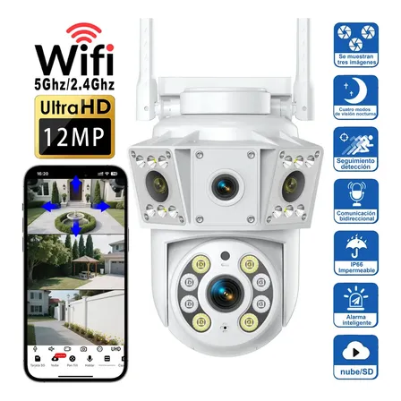 Cámara Seguridad Exterior MVPSMART DQ8 Pro Doble Lente Gran Angular 12MP WiFi 2.4G/5G BT PTZ 360° Seguimiento Auto 3 Vistas Alarma Inteligente Visión Nocturna Audio Bidireccional SD/Nube IP66