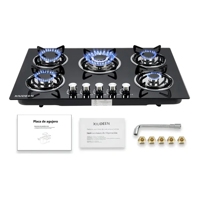 Parrilla De Gas Empotrable de mesa XIUDEEN XD5001G 5 quemadores de gas GN GLP aplicables cristal templado color negro