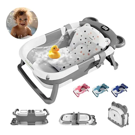 Bañera Tina Baño Bebe Plegable Portátil Con Cojín Termómetro Color Gris